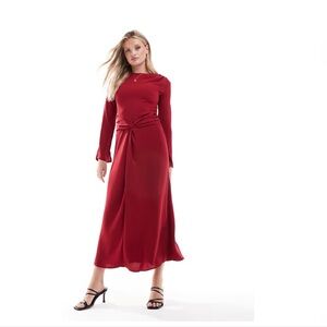 ASOS Long Sleeve Red maxi Dress Valentine’s Day date night tie up waist crepe